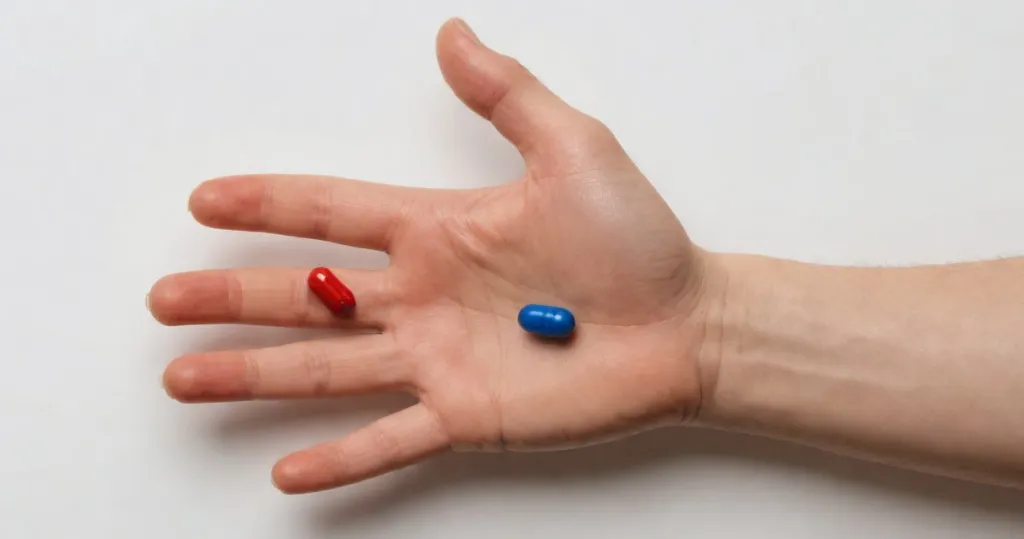 Dlaň s červenou a modrou pilulkou