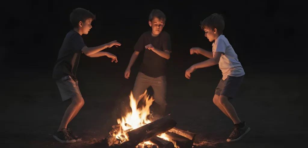 3 chlapci skáčou kolem ohně