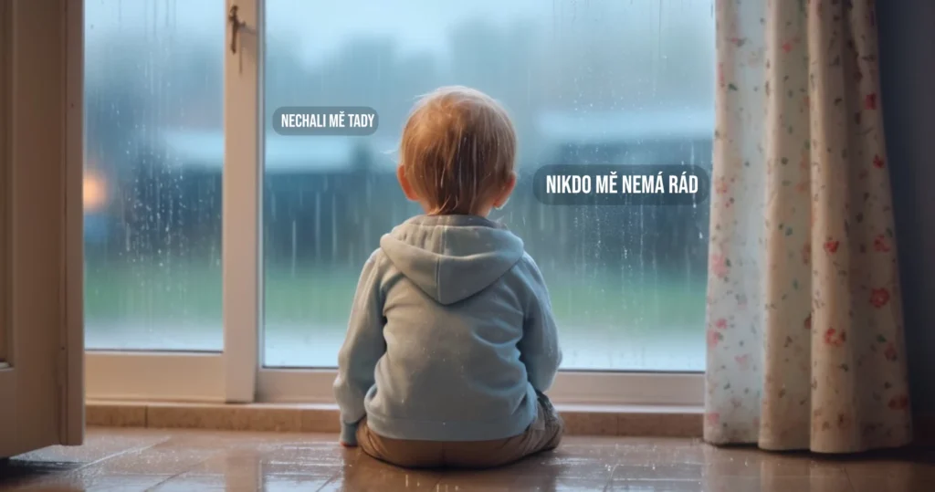 Dítě sedí u okna venku prší - trauma