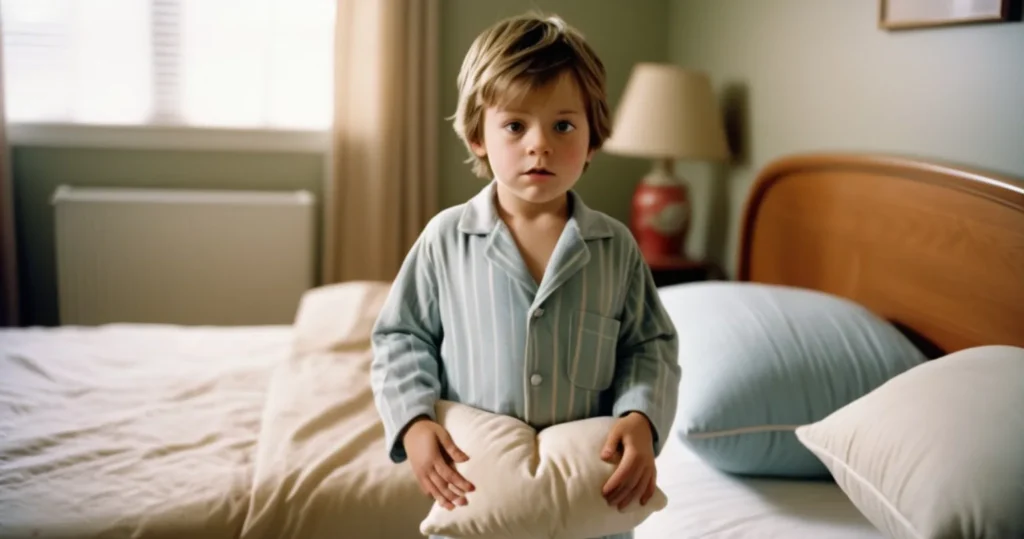 Chlapec stojí s polštářkem u postele rodičů